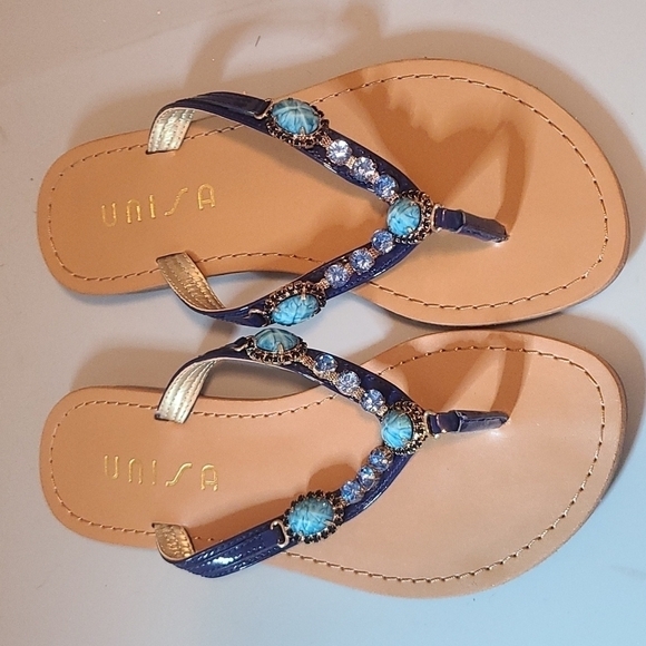 𝅺BEAUTIFUL Blue Jeweled flip flops sz 7 - Picture 1 of 3